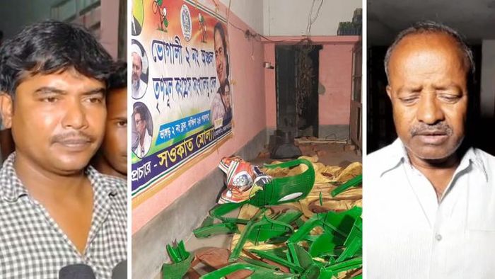 তৃণমূল নেতা সওকত মোল্লা, ভাঙচুর হওয়া পার্টি অফিস, সিপিআইএম রশিদ গাজী। শুক্রবার ভাঙড়ে। ছবি: প্রসেনজিৎ সাহা
