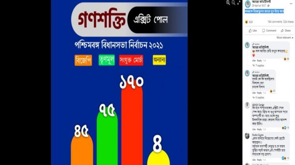 গণশক্তির বুথ ফেরত সমীক্ষা নিয়ে বিভ্রান্তিকর পোস্ট সামাজিক মাধ্যমে গণশক্তির বুথ ফেরত সমীক্ষা নিয়ে বিভ্রান্তিকর পোস্ট সামাজিক মাধ্যমে