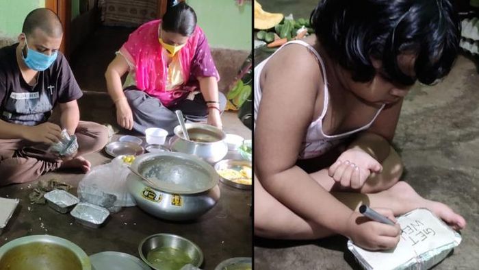 মামা এবং মামী তৈরি করছেন খাবারের প্য়াকেট (বাঁদিকে), গুলু লিখে দিচ্ছে শুভেচ্ছাবার্তা। শান্তিনিকেতনে। ছবি: ভাস্কর মুখোপাধ্য়ায়