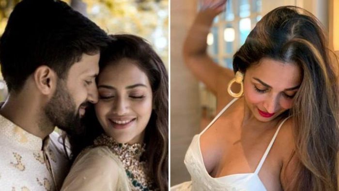 নুসরত জাহান, নিখিল জৈন ও মালাইকা আরোরা (ছবি: ফেসবুক)