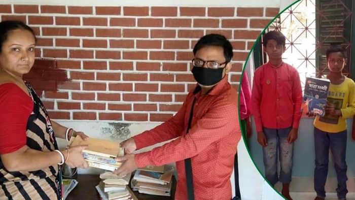 তুলে দেওয়া হচ্ছে বই (বাঁদিকে), বই হাতে পড়ুয়ারা