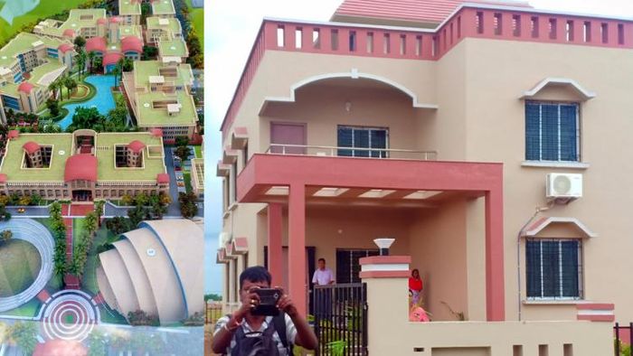 তৈরি হতে চলা বিশ্ববাংলা বিশ্ববিদ্যালয় (বাঁদিকে), 'গীতবিতান'-এ এমনই বাড়ি তৈরি হতে চলেছে। ছবি সৌজন্য: টুইটার