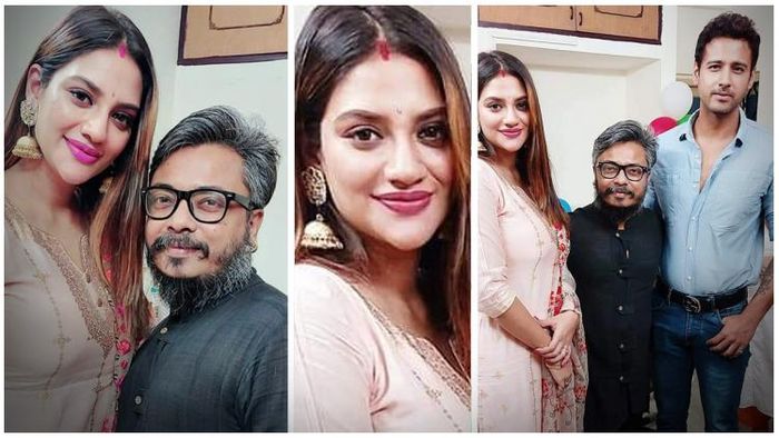 বিশ্বকর্মা পুজোয় যশ-নুসরত (ছবি সৌজন্য রণজিৎ দে, ফেসবুক)