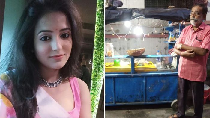 অভিনেত্রী বিনীতা গুহ (বাঁদিকে), যাদবপুরে তাঁদের চায়ের দোকানে বাবা সুখেন গুহ