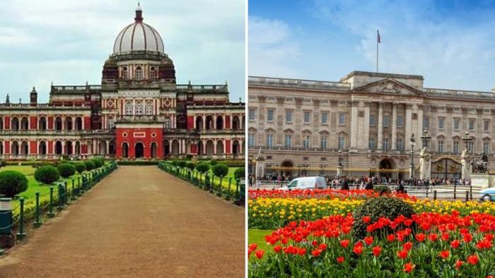 বাঁদিকে কোচবিহার প্যালেস ও ডানদিকে বাকিংহাম প্যালেস