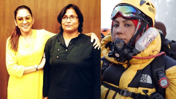 সুনীতা হাজরার সঙ্গে চান্দ্রেয়ী ঘোষ (বাম), 'মিশন এভারেস্ট' ছবির চরিত্রে চান্দ্রেয়ী (ডান)