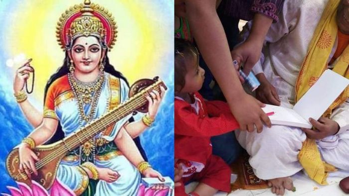 সরস্বতী পুজোয় হাতেখড়ি দেওয়ার নিয়ম (ছবি: সোশ্যাল মিডিয়া)