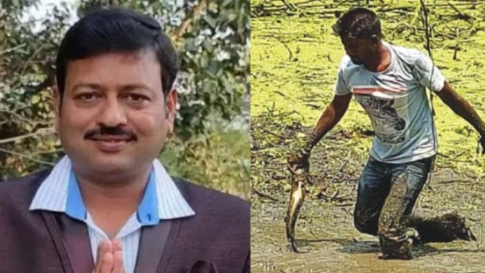 জীবনকৃষ্ণ সাহার পুকুর থেকে উদ্ধার জোড়া মোবাইল।