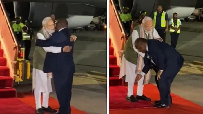বিমানবন্দরে PM মোদীর পা ছুঁলেন পাপুয়া নিউগিনির প্রধানমন্ত্রী জেমস মারাপ, Viral