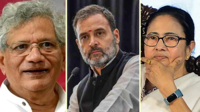 সীতারাম ইয়েচুরি,রাহুল গান্ধী ও মমতা বন্দ্যোপাধ্যায়। - ফাইল ছবি।