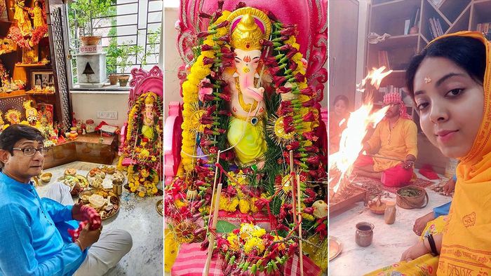 গণেশ পুজোয় কাঞ্চন মল্লিক ও শ্রীময়ী চট্টরাজ (ছবি: ইনস্টাগ্রাম)