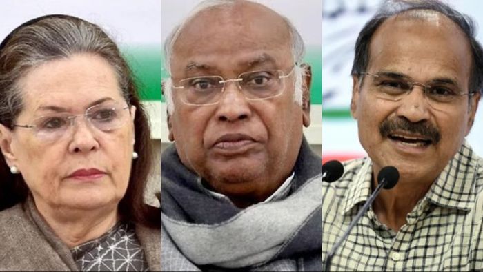 সনিয়া গান্ধী, মল্লিকার্জুন খাড়গে, অধীর চৌধুরী (বাঁ দিক থেকে)।