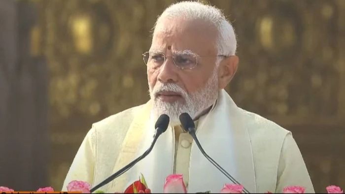 রামমন্দির উদ্ভোধনের পর ভাষণ দিচ্ছেন প্রধানমন্ত্রী নরেন্দ্র মোদী। ফাইল ছবি।