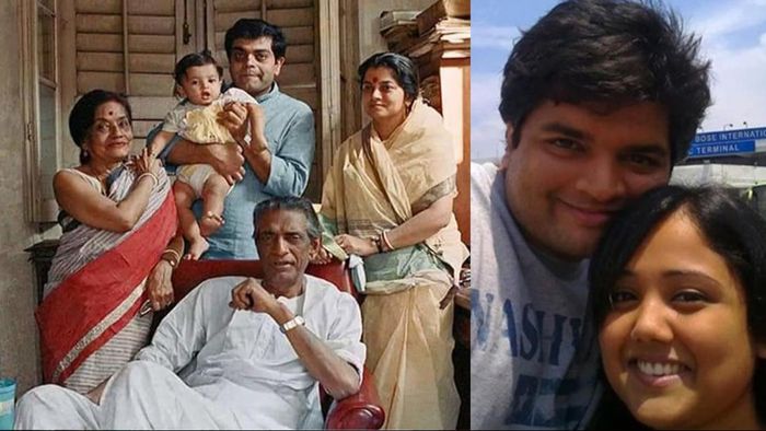 সত্যজিৎ রায়ের পরিবারের ছবি (বাঁ দিকে), সৌরদীপ- সৃজাতা (ডান দিকে)