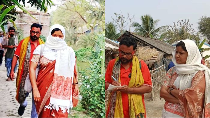 সন্দেশখালিতে মীনাক্ষী মুখোপাধ্যায়। ফাইল ছবি