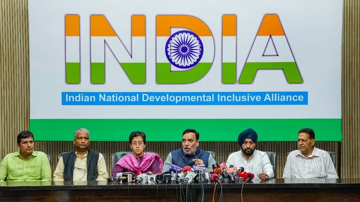 ইন্ডিয়া অ্যালায়েন্সের সংবাদ সম্মেলন। ফাইল ছবি: পিটিআই