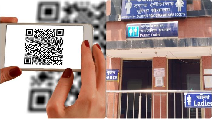রেলের শৌচালয়ে কিউআর কোড। কোলাজ