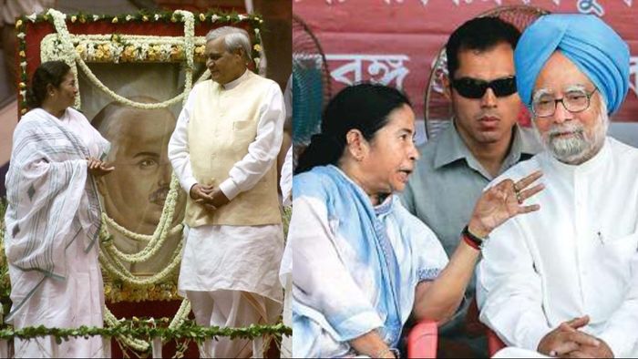 Mamata Banerjee with Atala Bihari Vajpayee and Manmohan Singh