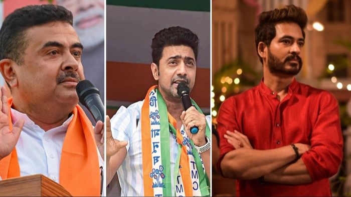 শুভেন্দু অধিকারী, দেব ও হিরণ। কোলাজ