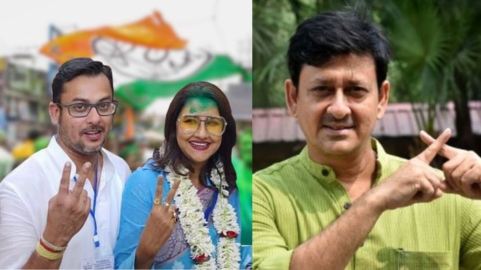 স্বামী প্রবালের সঙ্গে রচনা (বাঁ দিকে)। সিদ্ধান্ত মহাপাত্রষ। (ডান দিকে)।