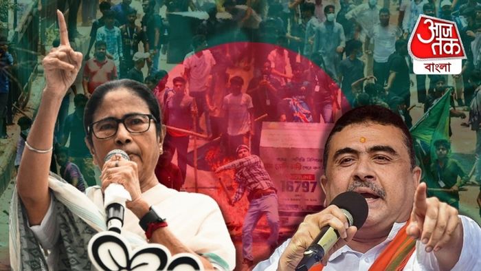 মমতাকে শরণার্থী ইস্যুতে কটাক্ষ শুভেন্দুর। গ্রাফিক্স: সৌমিক মজুমদার।