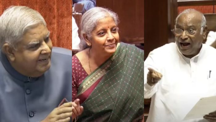 জগদীপ ধনখড়, নির্মলা সীতারামন, মল্লিকার্জুন খাড়গে। (বাঁ দিক থেকে)।