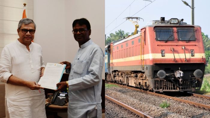 রেলমন্ত্রী অশ্বিনী বৈষ্ণব ও খগেন মুর্মু। ফাইল ছবি