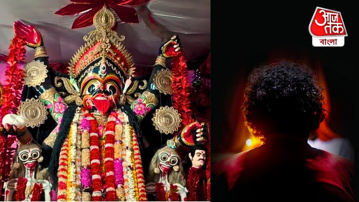 অন্ধকার ঘরে জ্বলে শুধু দু'টি প্রদীপ। একা কাঁটার আসনে বসে পুজো করতে হয় মায়ের। (পুরোহিতের ছবিটি কাল্পনিক)