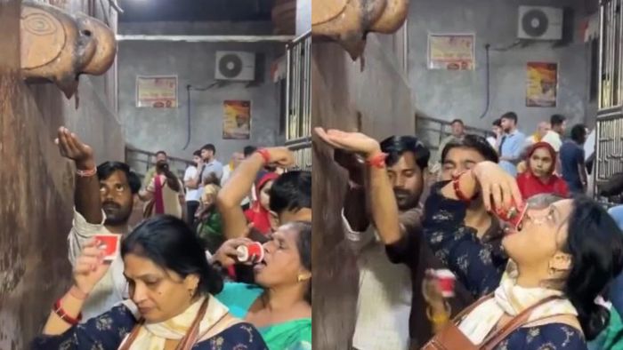 এসির জলকে চরণামৃত ভেবে খাচ্ছেন ভক্তরা।-কোলাজ