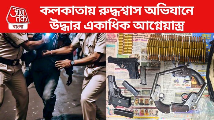 বাঁদিকের ছবিটি প্রতীকী। ডানদিকে- উদ্ধার হওয়া আগ্নেয়াস্ত্রের ছবি।