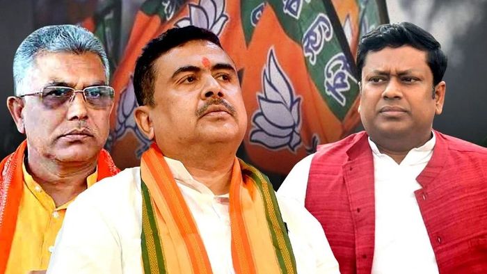 সুকান্ত মজুমদার, দিলীপ ঘোষ ও শুভেন্দু অধিকারী-- ফাইল ছবি