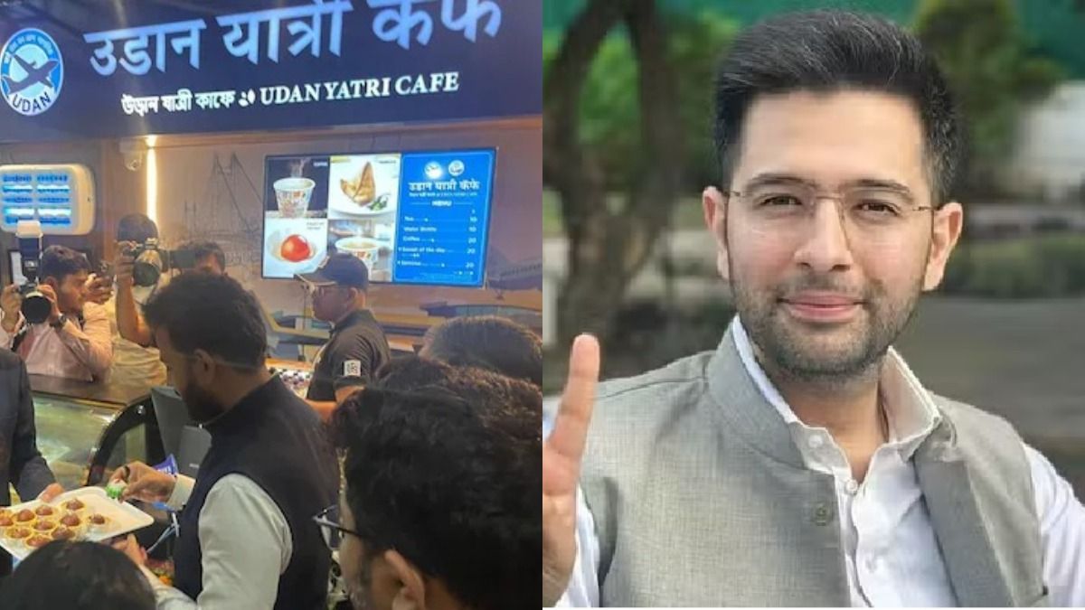 কলকাতা বিমানবন্দরের ক্যাফে ও আপ সাংসদ রাঘব চাড্ডা।-কোলাজ