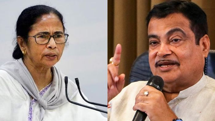 মমতা বন্দ্যোপাধ্যায় ও নিতিন গড়করি (বাঁ দিক থেকে)।