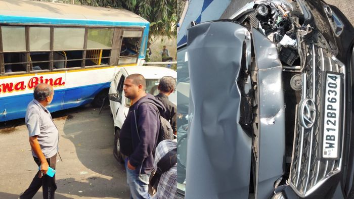 দুর্ঘটনাগ্রস্ত বাস ও গাড়ি।