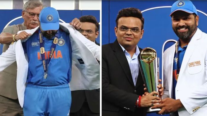 রোহিত শর্মার হাতে চ্যাম্পিয়ন্স ট্রফি তুলে দিচ্ছেন আইসিসি প্রেসিডেন্ট জয় শাহ