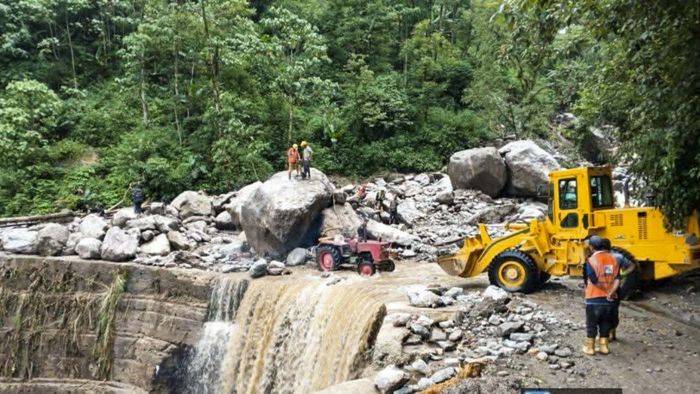 Landslide-hit road in North Sikkim after heavy rainfall, debris blocking the main highway to Siliguri