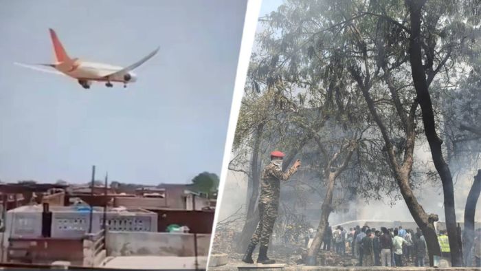 আহমেদাবাদ বিমানবন্দরের কাছে আহমেদাবাদ-লন্ডন বিমান দুর্ঘটনায় পতিত