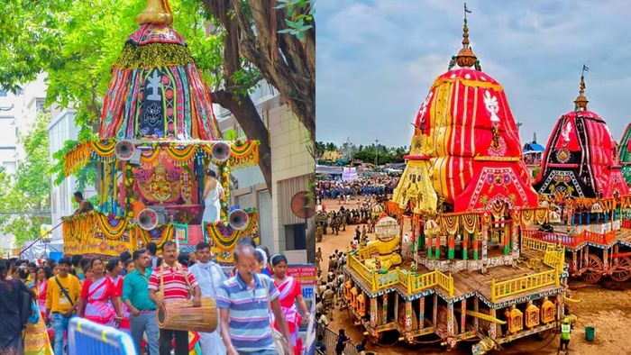 ইসকনের রথযাত্রা (বাঁ দিকে), পুরীর রথযাত্রা (জান দিকে)