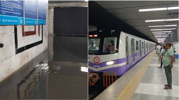 কলকাতা মেট্রোর ট্র্যাকে জল ঢুকছে।-ফাইল ছবির কোলাজ
