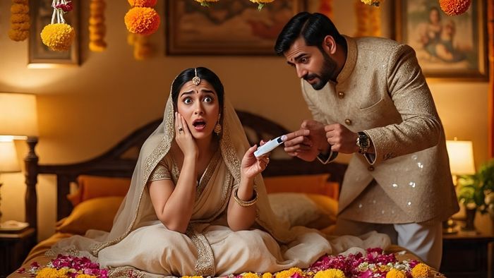 ফুলসজ্জার রাতে মাথা ঘুরছিল, বর দিল প্রেগন্যান্সি কিট। মেটা এআই ছবি