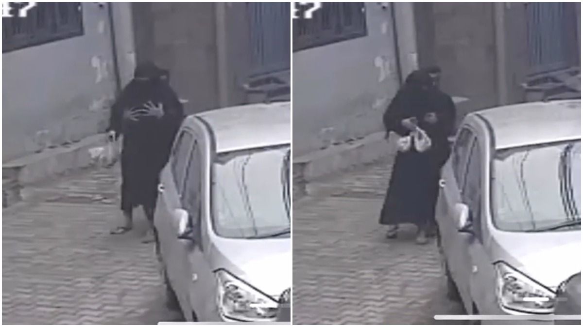 সিসিটিভি ফুটেজে দেখা যায়, মহিলা একা হেঁটে যাচ্ছেন, ঠিক তখনই লোকটি পিছন থেকে এসে হঠাৎ তাঁকে জাপটে ধরে।-ফাইল ছবি