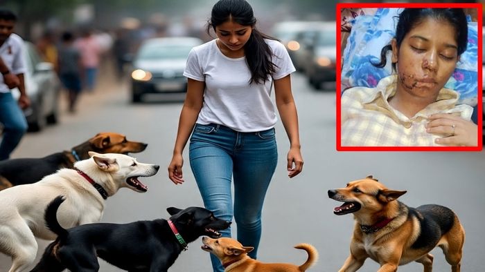 তরুণীকে পথকুকুরদের হামলা (AI ছবি), ক্ষতবিক্ষত তরুণী (ইনসেটে)