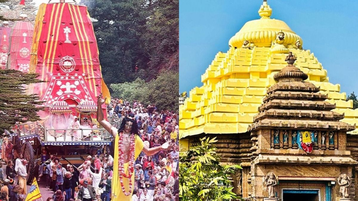 ইসকনের রথযাত্রা (বাঁ দিকে), পুরীর মন্দির (ডান দিকে)