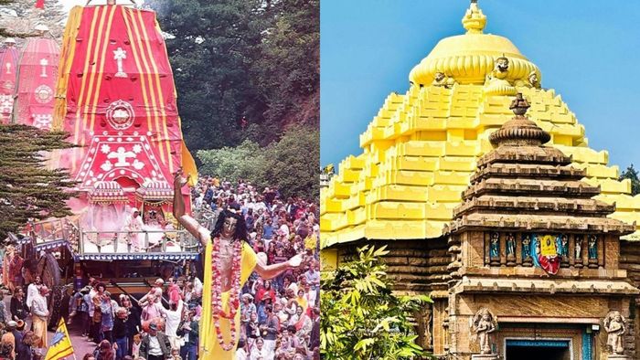 ইসকনের রথযাত্রা (বাঁ দিকে), পুরীর মন্দির (ডান দিকে)