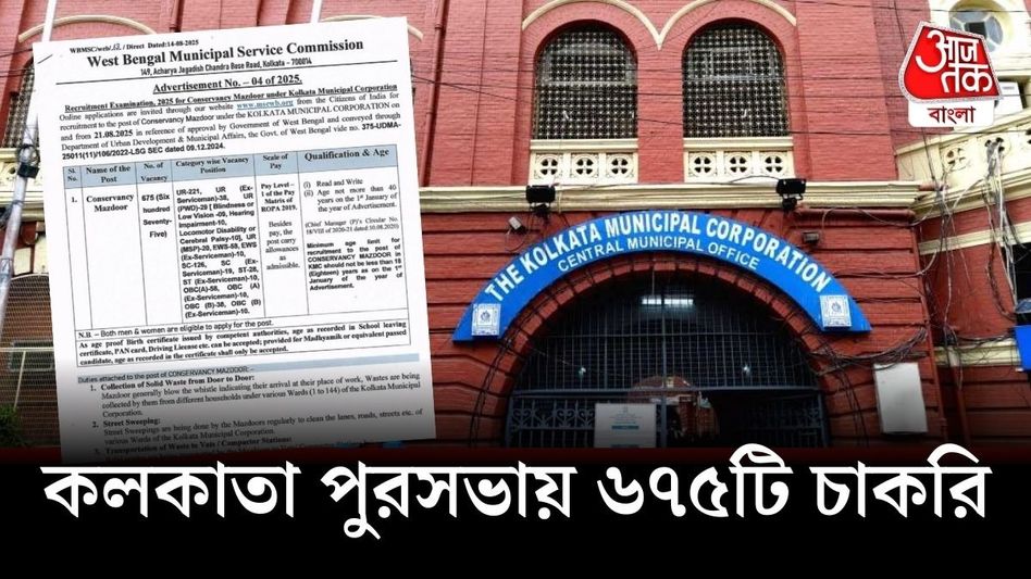 কলকাতা পুরসভায় ৬৭৫ জন ‘কনজারভেন্সি মজদুর’ নিয়োগ, রইল আবেদনের Link কলকাতা পুরসভায় ৬৭৫ জন ‘কনজারভেন্সি মজদুর’ নিয়োগ, রইল আবেদনের Link
