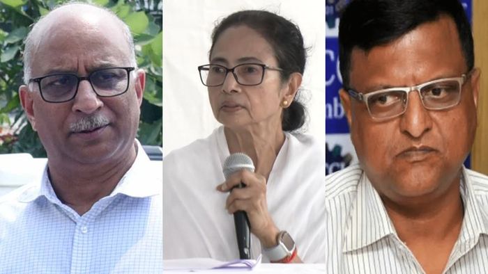 মুখ্যসচিব (বাঁ দিকে), মুখ্যমন্ত্রী (মাঝে), মুখ্য নির্বাচনী আধিকারিক (ডান দিকে)