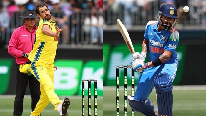 এই ফ্রেমে অস্ট্রেলিয়ার মিচেল স্টার্ক (বামে) এবং ভারতের বিরাট কোহলি