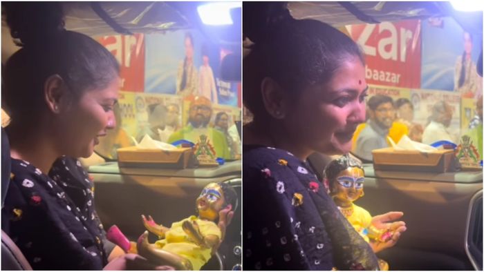 গোপালকে কোলে নিয়ে সায়নী ঘোষ।-ভিডিও থেকে নেওয়া ছবি