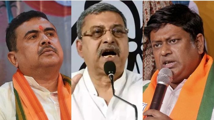শুভেন্দু অধিকারী, কল্যাণ বন্দ্যোপাধ্যায় ও সুকান্ত মজুমদার।-ফাইল ছবি