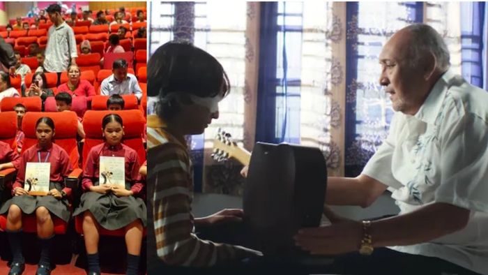 জুবিন গর্গের শেষ ছবি 'রই রোই বিনালে'তে, ভিক্টর বন্দ্যোপাধ্যায় একজন শিক্ষক যিনি অন্ধ গায়কের জীবন বদলে দেন। বাঁদিকে মোরান ব্লাইন্ড স্কুলের এক ছাত্র, ছবিটি দেখার জন্য একটি থিয়েটারে।-ফাইল ছবি